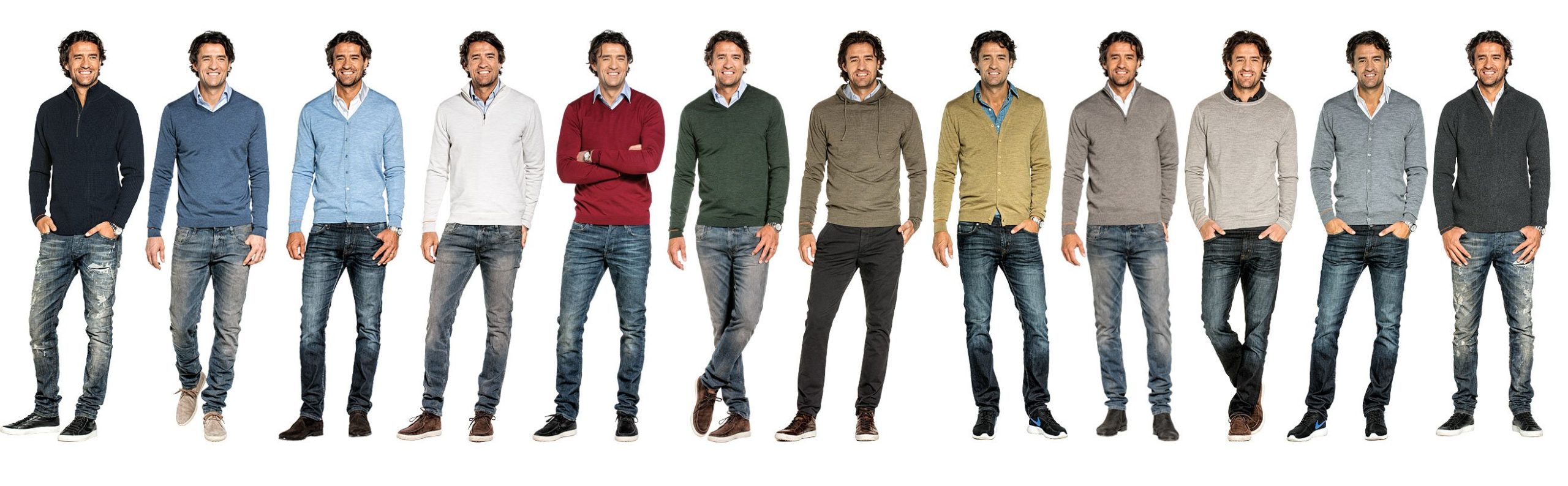 Joe merino model in een rij met verschillende truien